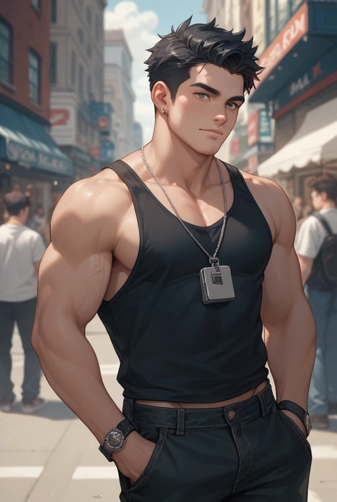 (handsome Man),(crew cut short hair:1.8),black eye,(Wear a fitted round neck t-shirt in navy with a police badge.:1.5),(fit neck),Navy blue jeans,(black_gloves:1.2), Korean guy,chest muscles,large arm muscles,blood vessel,Big muscles,Broad shoulders, (open mouth:1.2),(face up:1.2),(open eyes:1.5), middle of the road,smile, In front of the bread shop