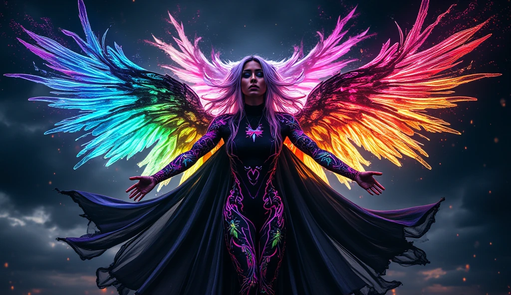 FIREHAIR child girl LONG HAIR, com asas em um fundo VERDE DOENTE, Asas pretas ligeiramente queimadas, Asas Negras, lasers azuis, fundo preto. neon cross,