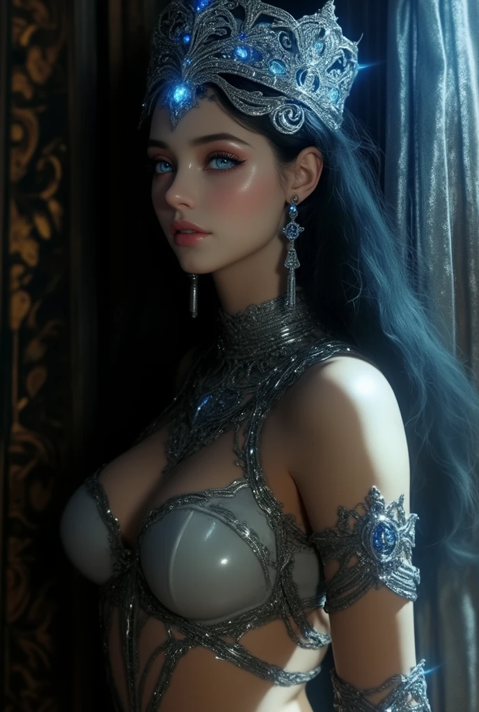 Royal Princess，Very detailed, Delicate face, Stock Photography , Portrait 400, F1 Camera Lens.6, rich and colorful, Surrealism, Realistic textures, Dramatic Lighting, Thin Film Distiller 800 (8K, original photo, Better quality, masterpiece: 1.2), Very detailed, (Extremely delicate skin: 1.2), 8K 超高清, SLR camera, Soft Light, high quality.Fire Queen，Blue pupils，Wear red lipstick，Have a tattoo，The tattoo is very three-dimensional，Gorgeous and intricate tattoo designs，8K Mugshot，Large Breasts，Dark eyeshadow，Sexy thick lips(Red lipstick)，Ice Princess，The facial features are very three-dimensional，Gorgeous and exquisite crystal diamond lace wedding dress，Silver Armor，Exquisite and ornate silver decoration，Universe shining diamond gem，Ultra-clear portrait，Very exquisite and gorgeous jewelry，Transparent clothes