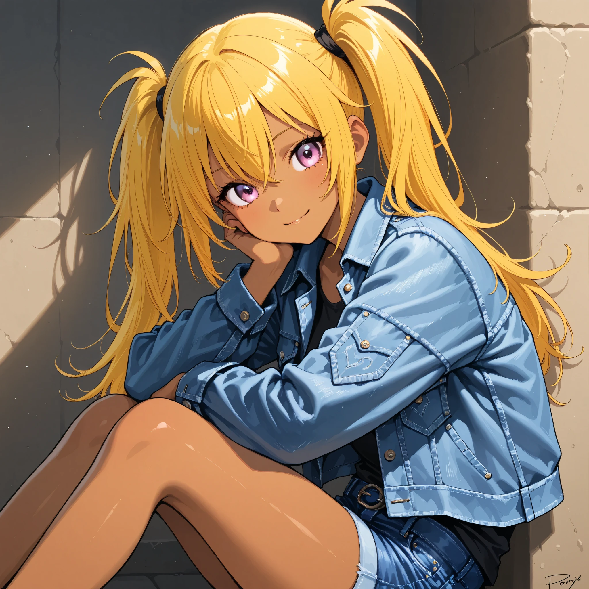1 Best Girl、 ponytails for beautiful people、 yellow hair 、 matte brown skin 、 Read more、denim jacket、 short jeans