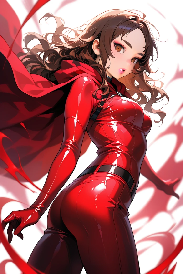 (1girl, Maximoff), (extremely detailed CG unit 8k wallpaper),(master part), (best quality), (ultra detail), (best illustration),(wanostyle), cowboy shot, (Sharp eyeliner, ombre, detail eyes), dark dungeon interiors background, ,break , (vamptech), leotard, cape, helmet, thigh highs, gloves, cleavage,