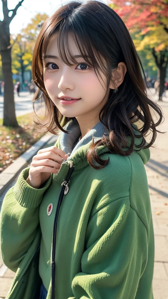8K, portrait, portrait, masterpiece, highest quality、(Upper shot close-up:1.5) 、With a round face、slim、(((flat body)))、cute、、、Bright red clothes、green hair、green fluffy hat