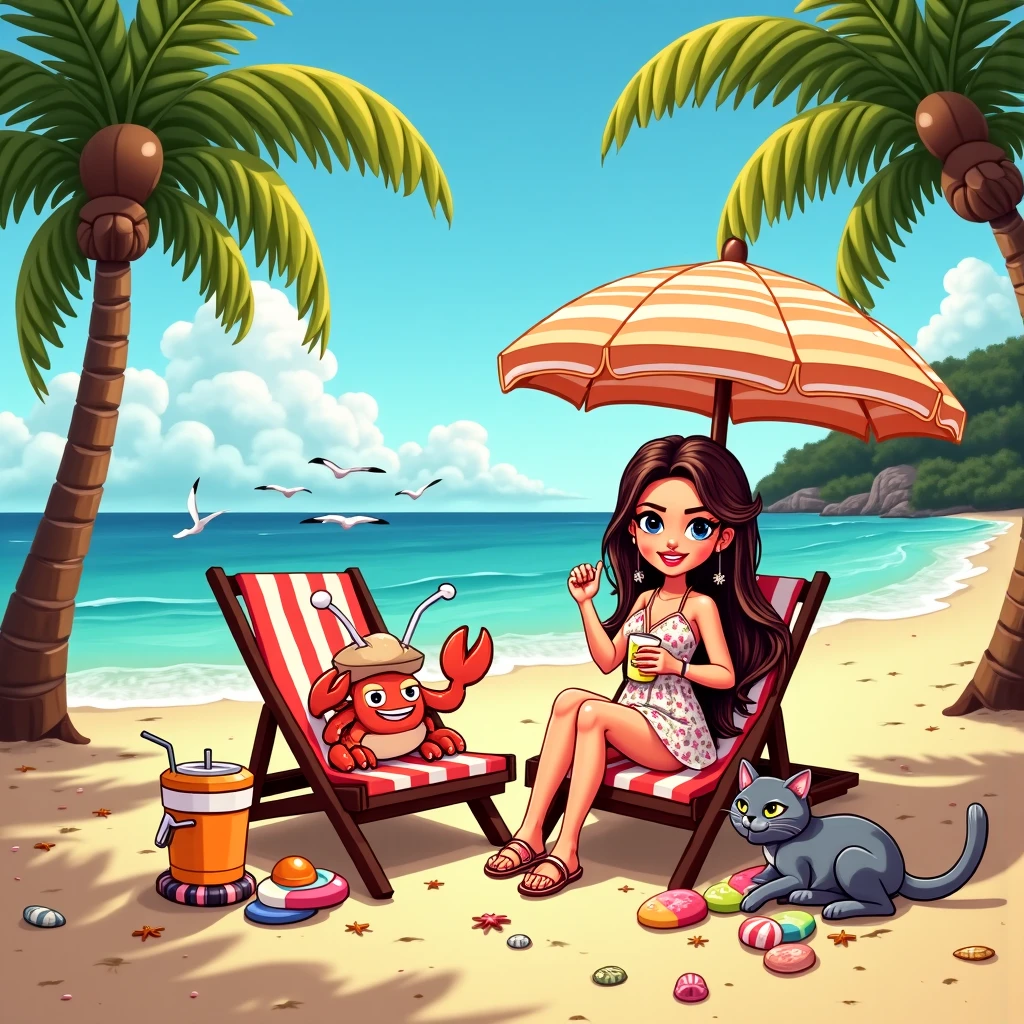 Make a caricature of a woman with curly hair, wearing a swimsuit, standing on a deserted island, next to her sits a walrus in a winter hat. In the background you can see a palm tree