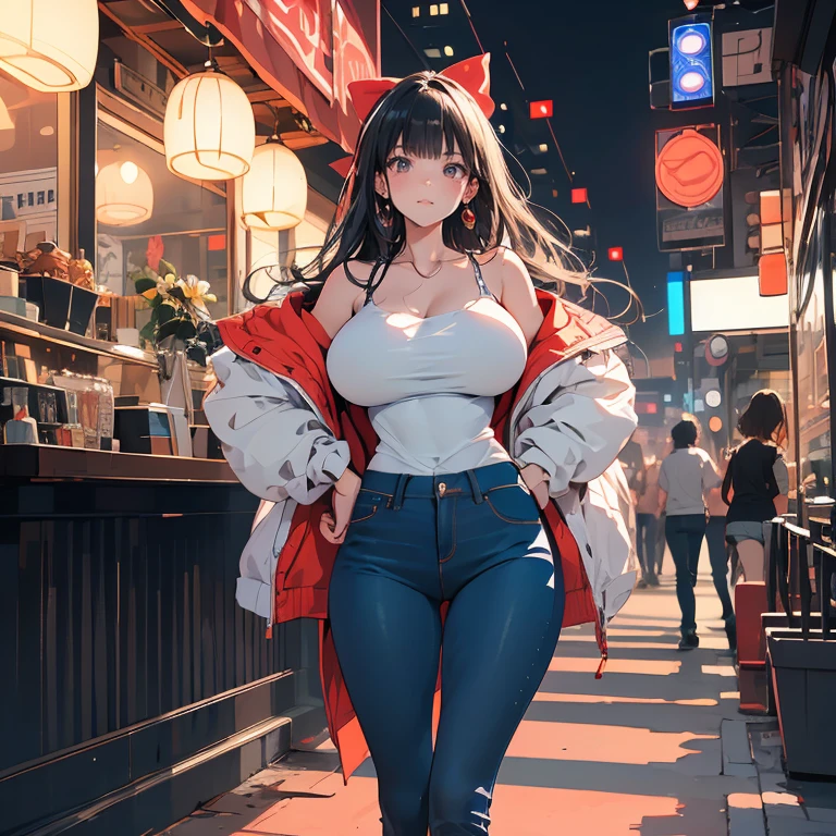 girl in summer clothes, jeans and blouse, black pantyhose, large breasts, cleavage, cityscape, village, trees, sun, clouds, ((colorful hair)), side ponytail, jewellery