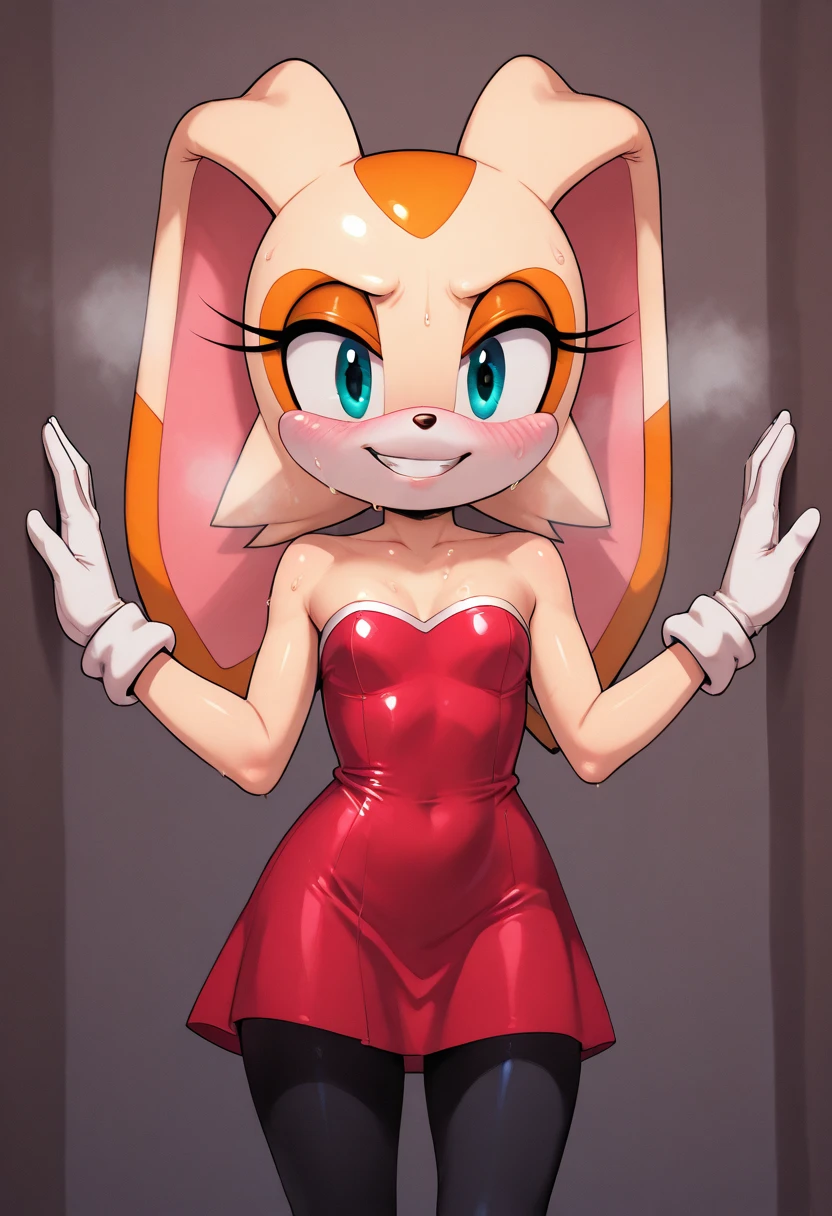 (masterpiece), (8k, high resolution), sonic, vanilla the rabbit fusion with amy rose, sexy, cleavage, wearing sexy dress, dark clothing, eyeshadow, eyelashes, menacing look, sultry, dark room