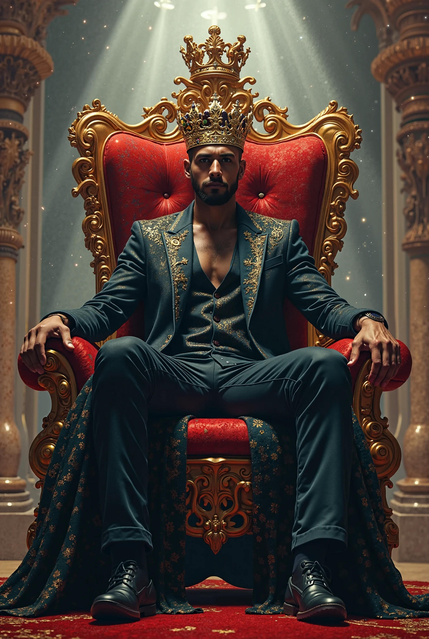 Handsome man, white skin, thin, with golden pants and a golden suit on a golden chair with a baton of command without a shirt crossing his legs, golden boots sitting on a king&#39;s chair with a crown and around him there are displays of objects from some ancient Egyptian museum and a sandbox next to it
