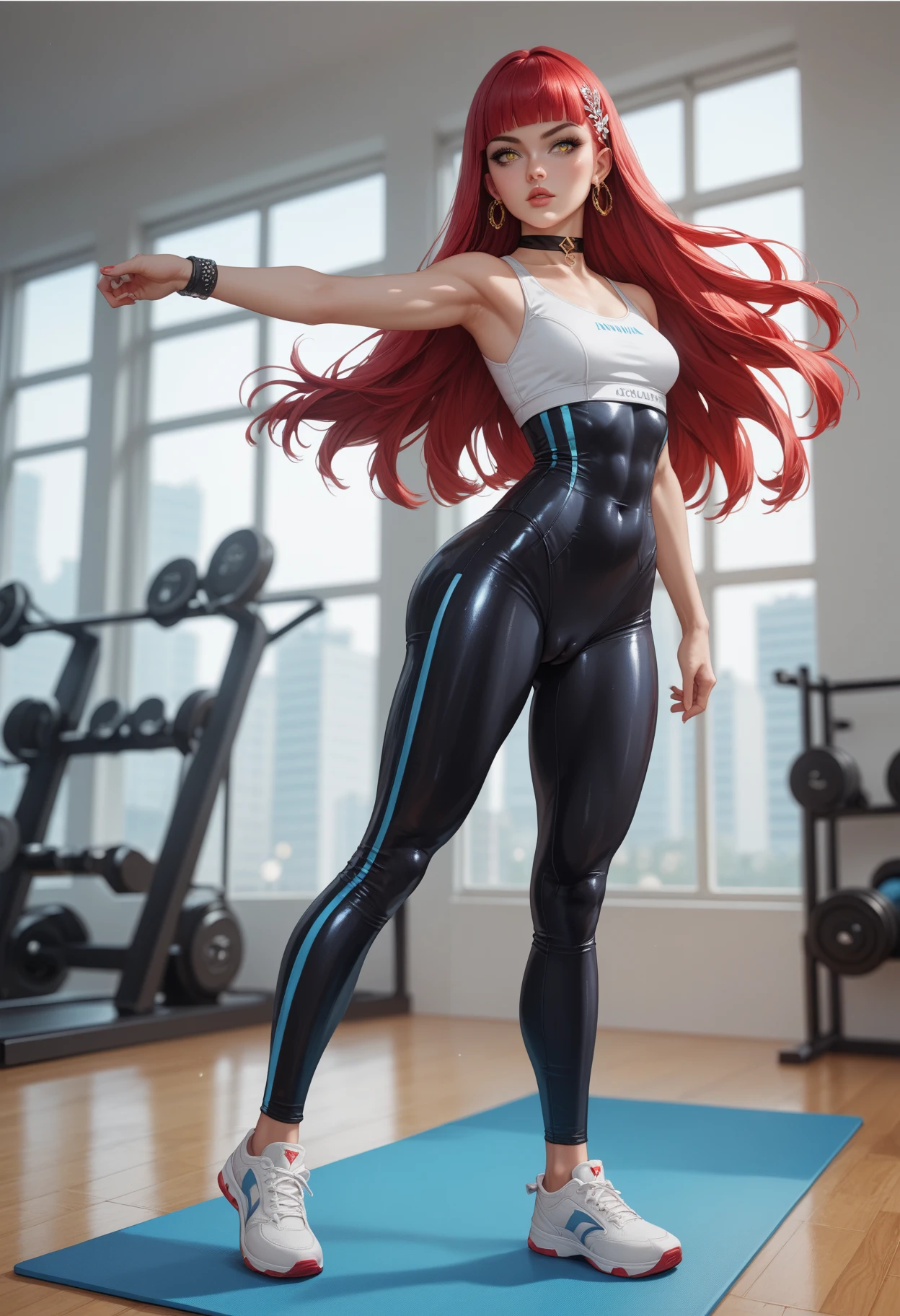 anime, hda, a medium up of a woman with (((red braided low ponytail hair))) and (((the most beautiful green eyes))) in (((blue yoga pants outfit))), (((smiling)), 8k, Unreal Engine 5, octane render, by kyun, gamang, Yoon Gon-Ji, g.ho, gosonjak, shuroop, serious, domi, noah, trending on pixiv, fanbox, skeb, masterpiece, detailed face, smooth soft skin, big dreamy eyes, beautiful intricate colored hair, anime wide eyes, soft lighting, concept art, digital painting, <lora:hda:0.4>,
