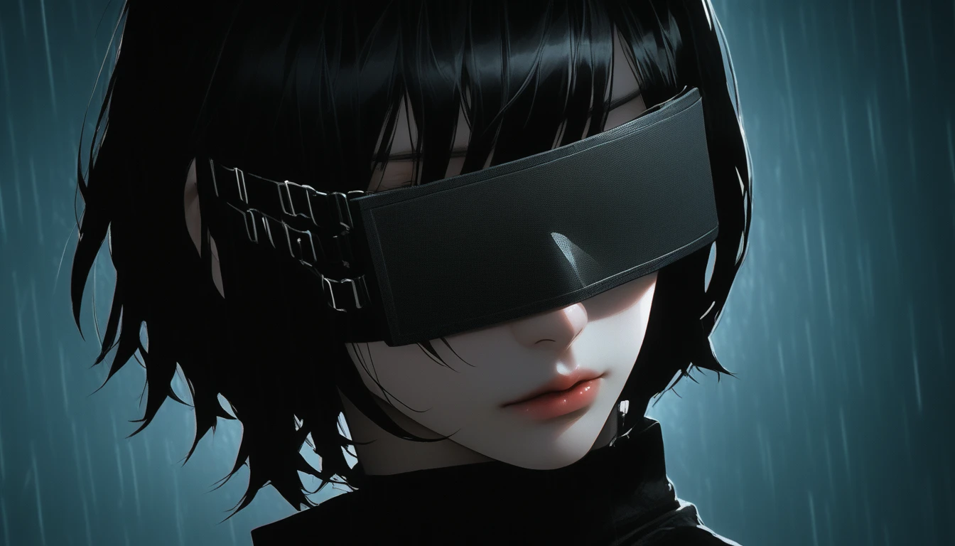 Character with white suit, white balaclava, short black straight hair, with a black anime background.