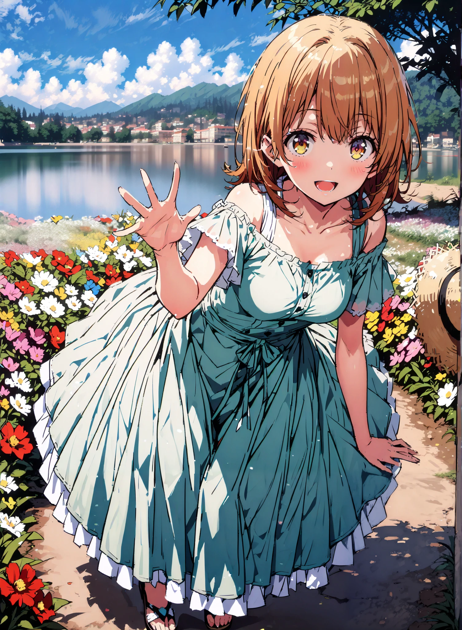 score_9, score_8_up, score_7_up, source_anime,
Irohaisshiki, Isshiki Iroha , short hair, brown hair, brown eyes,smile,blush,open your mouth,straw hat with right hand, White Off Shoulder Dress,Short sleeve, white long skirt, cute heeled sandals , beautiful scenery,full bodyがイラストに入るように,
break outdoors, Compa,Flower Field,lake,
break looking at viewer,full body,
break (masterpiece:1.2),highest quality , kampala, Unity 8K Wallpaper ,(shape:0.8),( fine, beautiful eyes :1.6),It's a person ,full body写真,CG Details , (perfect hands, complete anatomy),
