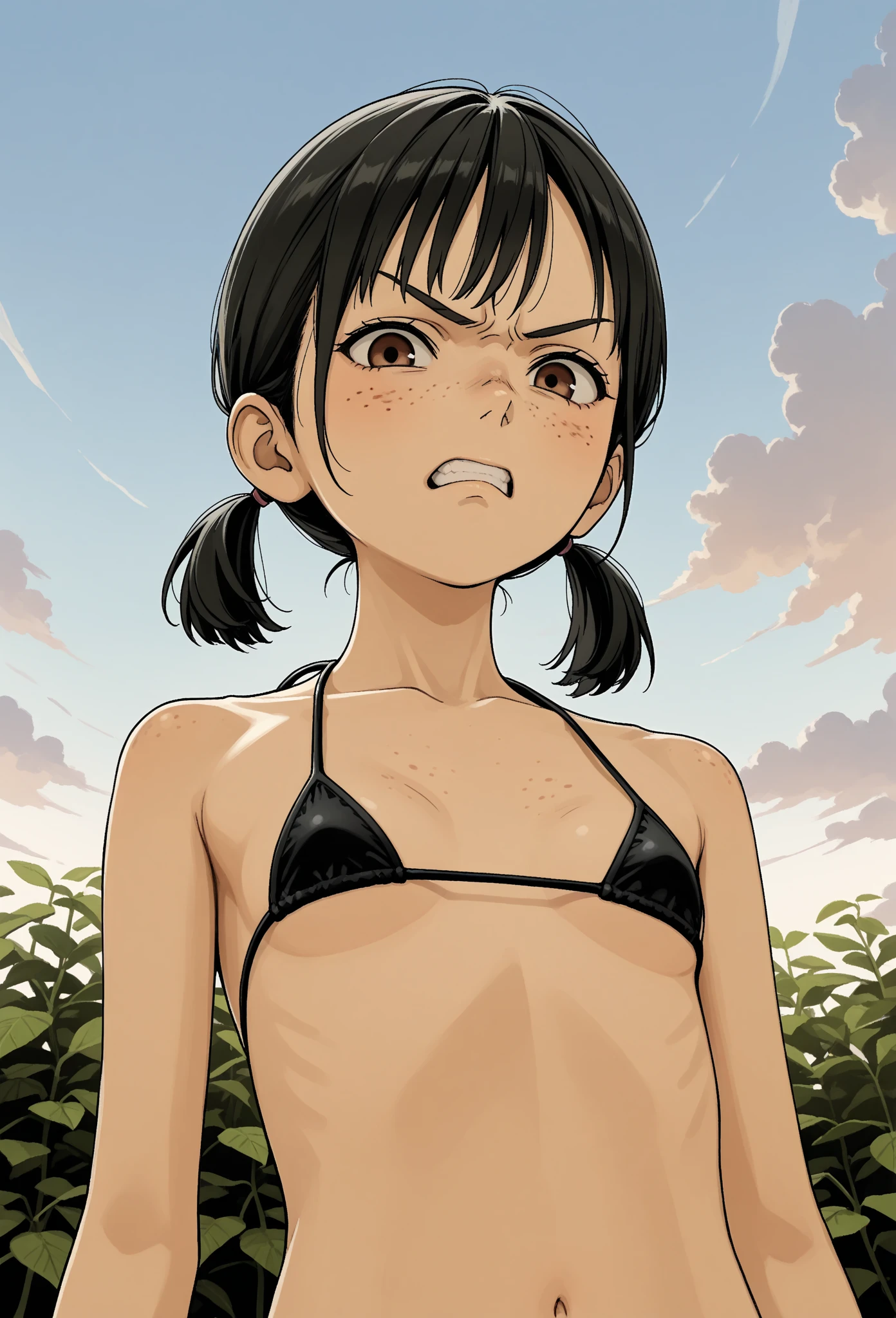 short black hair, brown eyes, full body, smiling, body, sitting on a bench, flat torso, pussinny body, small, pussy juium (insanely ailed, beautiful detailed face, masterpiece, best quality), missionary vaginal, happy fapen mouth, tongue, cum on body