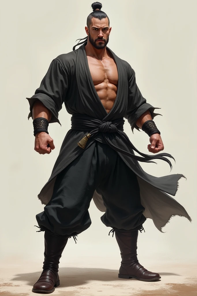 Krauser, standing in a dojo, combat boots, (black hakama samurai pants, samurai bottoms:1.2), manly face, high quality, looking annoyed, square face, short hair slicked back, good perspective, good anatomy, (scar_on_left_eye), middle aged man, shirtless:1.2, power stance, topless, clean shaven face, clearly drawn eyes, blue eyes