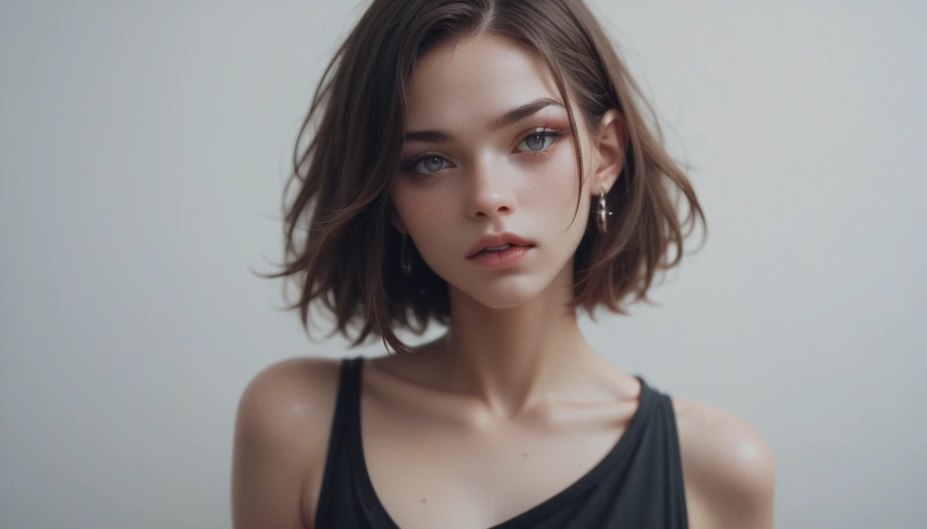 a brunette woman with straight, short hair and light eyes and a great body
