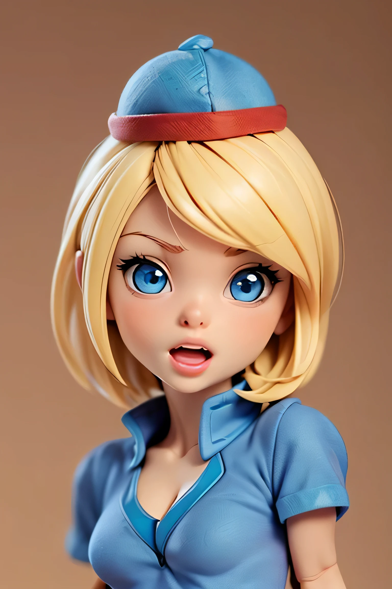 (((((Very tiny hyperrealistic girl))))), (((blue tunic))), (((cleavage))), ((((red cap)))), (((round face))), ((((blond hair)))), (((blue eyes))), (((small breast))), ((((very tiny body:1.9)))), (((medium hair))), (((relm arrowny))), (((open mouth))), (((lips))), (((close-up)))