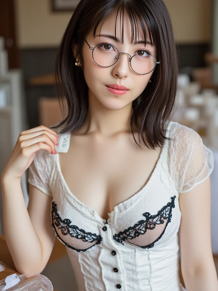 (masterpiece, Best Quality:1.2), 8K, 18 years old Japanese girl, 85 mm, Official art, Raw photo, Pretty Face, close up, face focus, cute Girl, Cinch waist, beauty thighs, soaking wet, sweat, large breasts, frilled maid costume, short sleeves, short skirt, frilled maid hairband, large circle glasses, kneeling, leaning forwards, cleavage of breasts, office room, Looking at Viewer, No makeup, (Smile:0.4), Film grain, chromatic abberation, Sharp Focus, face lights, clear lighting, Teen, Detailed face, Bokeh background, from above