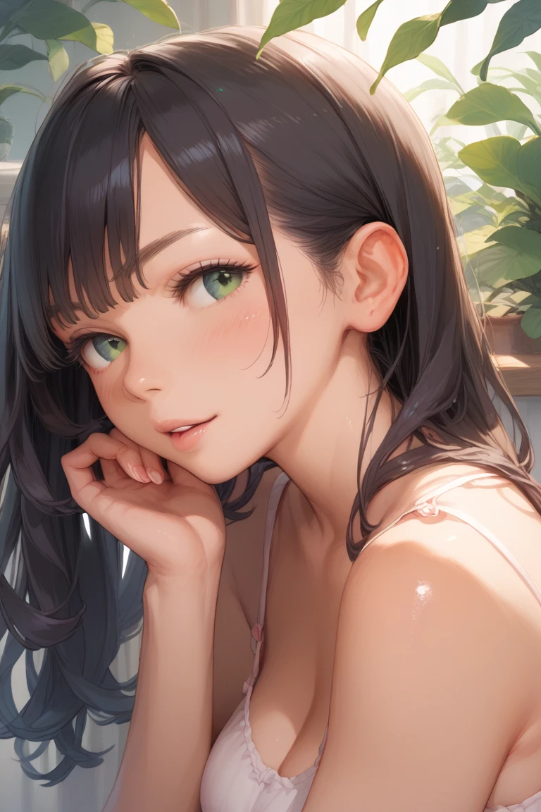 (masterpiece), best quality, beautiful detailed hair detailed face, ultra high res, sharp focus, ((1 woman, solo)), perfect feminine face, upper body, medium close up, (warm pastel tone color), lying on back in the couch, (from above), chesnut brown hair, ((beautiful shape eyes, green eyes)), surprise face, open lips, look at the viewer, long hair, (office uniform:1.2), cleavage, (spreading:1.2), bare legs, spread legs, legs open