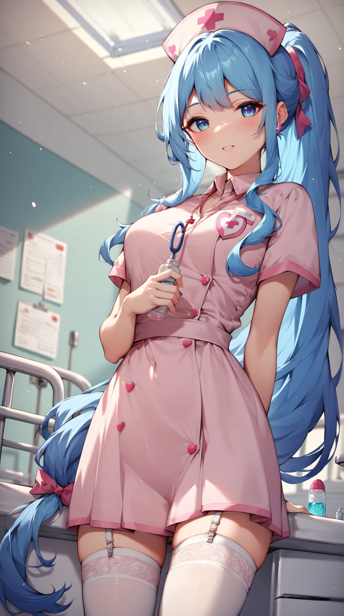 (((Portrait Photo))), She has the Appearance of a Caring and Professional Young Nurse, with a Voluptuous Figure that Radiates Kindness and Competence. Her Long, Wavy Blue Hair is Elegantly Styled, Falling Gracefully Over Her Shoulders and Framing Her Gentle Face. Her Large, Red Eyes, Enhanced by Glasses, Reflect a Deep Compassion and Warmth, Inviting Trust and Comfort. Her Expression is Soft and Understanding, with a Hint of a Smile that Conveys Reassurance and Dedication. (((Portrait Photo))), (((Dark Background))), (((Sexy Pink Nurse's Uniform Accentuates Her Curves))), (((Heart-shaped Pupils))), (((Long Wavy Blue Hair))), (((Circular Glasses)))