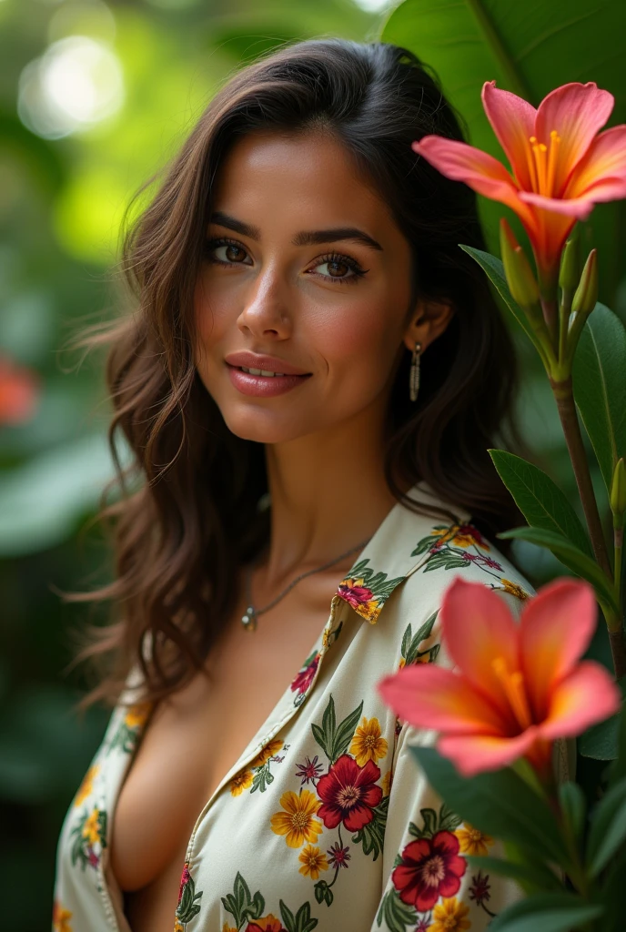 A Brazilian woman in a lush tropical garden, wearing an open shirt with a floral print, with a close-up capturing the harmonious beauty between her breasts and the natural flowers, showing off your natural charm and outgoing personality.