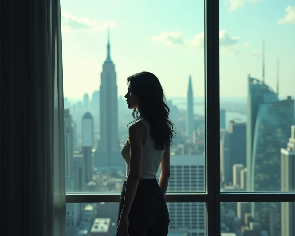 (8k,Movie,16mm wide-angle lens,Aperture 8,Multi-angle shooting,Rich in details )Chinese,Asian,in a New York office building ,secretary,wear glasses,Cool colors,miniskirt,High heel,exposed,sexy socks, Expose,Expose内衣,A large hotel room,Lying in bed,,Small,Flirty,Romantic,Sexy woman,Looking out the window,Troubled woman,30 years old