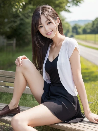 Japanese office lady、Sleeveless Shirt、lunch、sitting on a park bench、smile、Tight mini skirt、masterpiece,best quality,ultra detailed,highres,high-resolution,4k,realistic,RAW photo,((real person)),portrait photography,photorealistic,detailed skin,(delicate black eyes ), A soothing woman with sagging eyes,Calm and calm, middle hair,skinny,clothing,The wind is blowing,tareme、Beautiful legs、Small shirt、Panty shot、((Knees are higher than hips))、White shorts、Bend your knees、Knee Up、(huge breasts)
