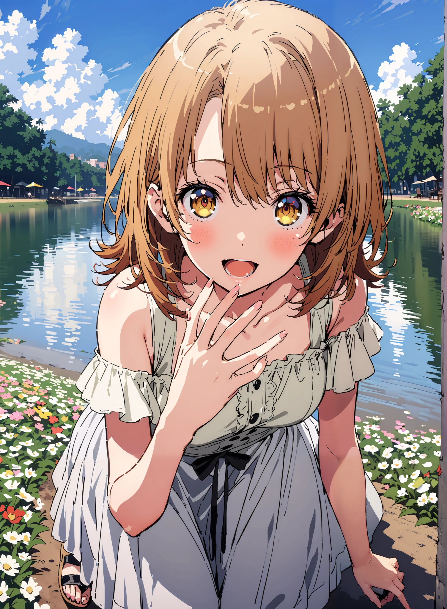 Irohaisshiki, Isshiki Iroha , short hair, brown hair, brown eyes, bare shoulders,Bare clavicle,Bare neck,smile,blush,open your mouth,straw hat with right hand, White Off Shoulder Dress,Short sleeve, white long skirt, cute heeled sandals , beautiful scenery,full bodyがイラストに入るように,
break outdoors, Compa,Flower Field,lake,
break looking at viewer,full body,
break (masterpiece:1.2),highest quality , kampala, Unity 8K Wallpaper ,(shape:0.8),( fine, beautiful eyes :1.6),It's a person ,full body写真,CG Details , (perfect hands, complete anatomy),