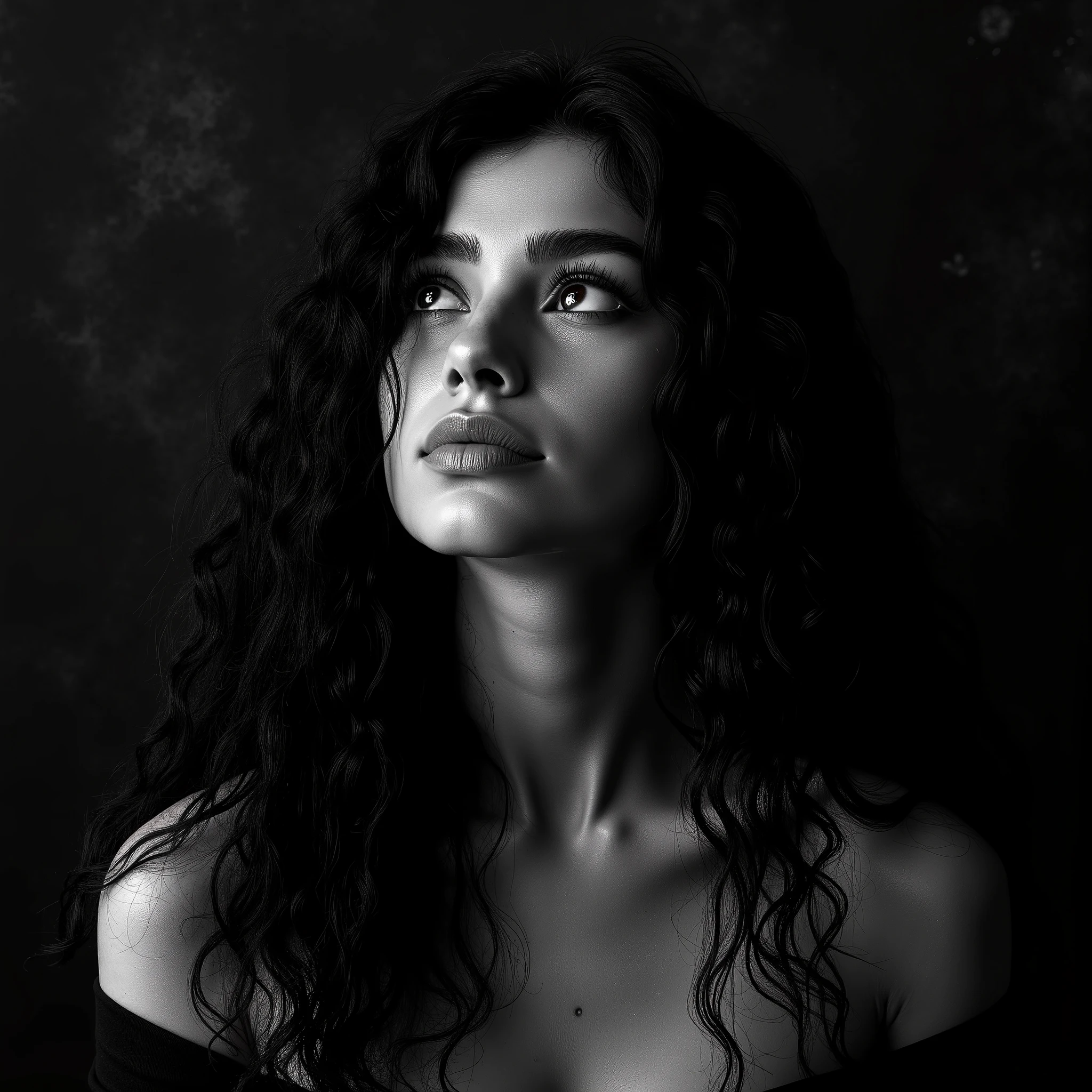 Cinematic photography, eye-level view of a young woman with long, disheveled black curly hair cascading over her bare shoulders. Her skin is pale, contrasting sharply with the dark, matte background that resembles a surface covered in black soot. She gazes upward and to the right with a pensive expression, her black eyes reflecting the subtle flash of light, adding a quiet intensity to her innocent yet mysterious demeanor. A small beauty mark rests just above her delicate upper lip. The composition is an extreme close-up, capturing the raw details of her face — the gentle curve of her small mouth, the shadows playing along her jawline. The photograph is in high-quality black and white, with a classic Ilford film aesthetic, evoking a dramatic, artistic atmosphere. The lighting is moody, highlighting the texture of her skin and hair, while the background remains blurred and enigmatic. The image radiates a vintage, melancholic essence, blending softness with a haunting, cinematic feel.


