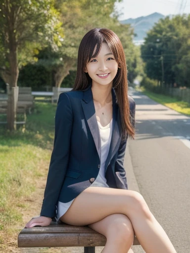 Pure Japanese girl, outstanding body, beautiful legs, wearing uniform, natural hairstyles, sweet smile, sitting, refreshing in early summer, composition from the front, 
