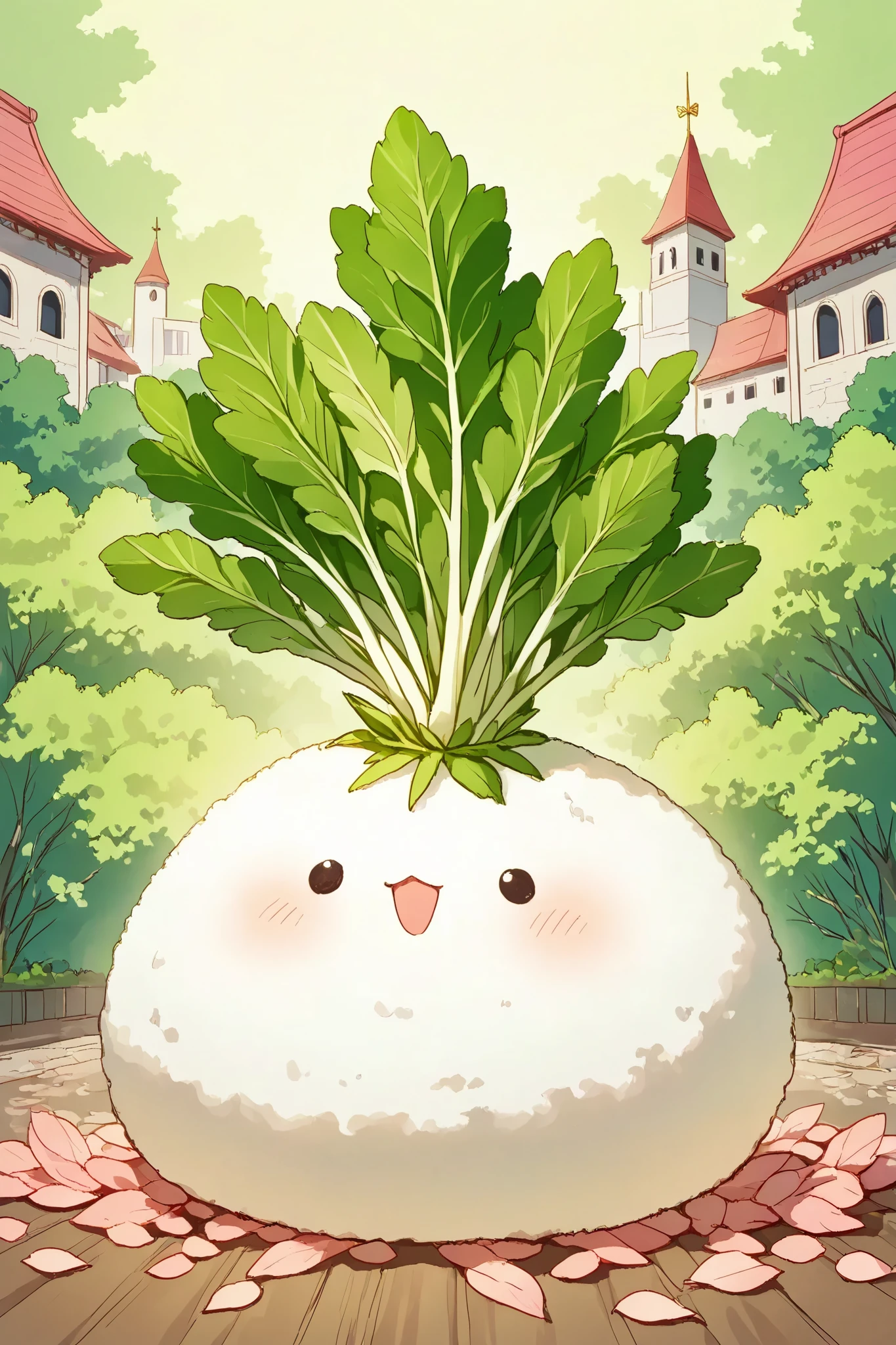 masterpiece、highest quality、I am a Princes daikon\(Japanese pink radish character with pink leaves\),many little daikon\(litle Japanese white radish charactder with green leaves\),focus on the princes daikoncute kawaii village, castle made of Japanese rice,