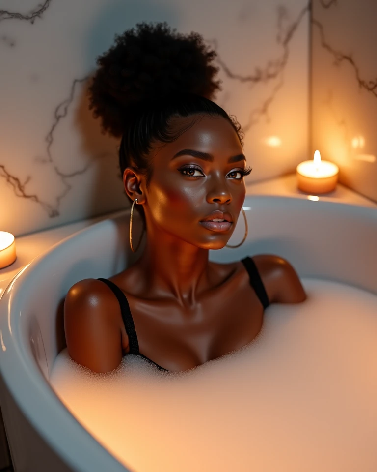 naked black woman drinking wine, lying in a bathtub, powerful pose, wonderful masterpiece highly detailed, beautiful cinematic light deep focus, elegant, digital painting, smooth, sharp focus, golden ratio, dramatic illumination, ultra realistic, 8k