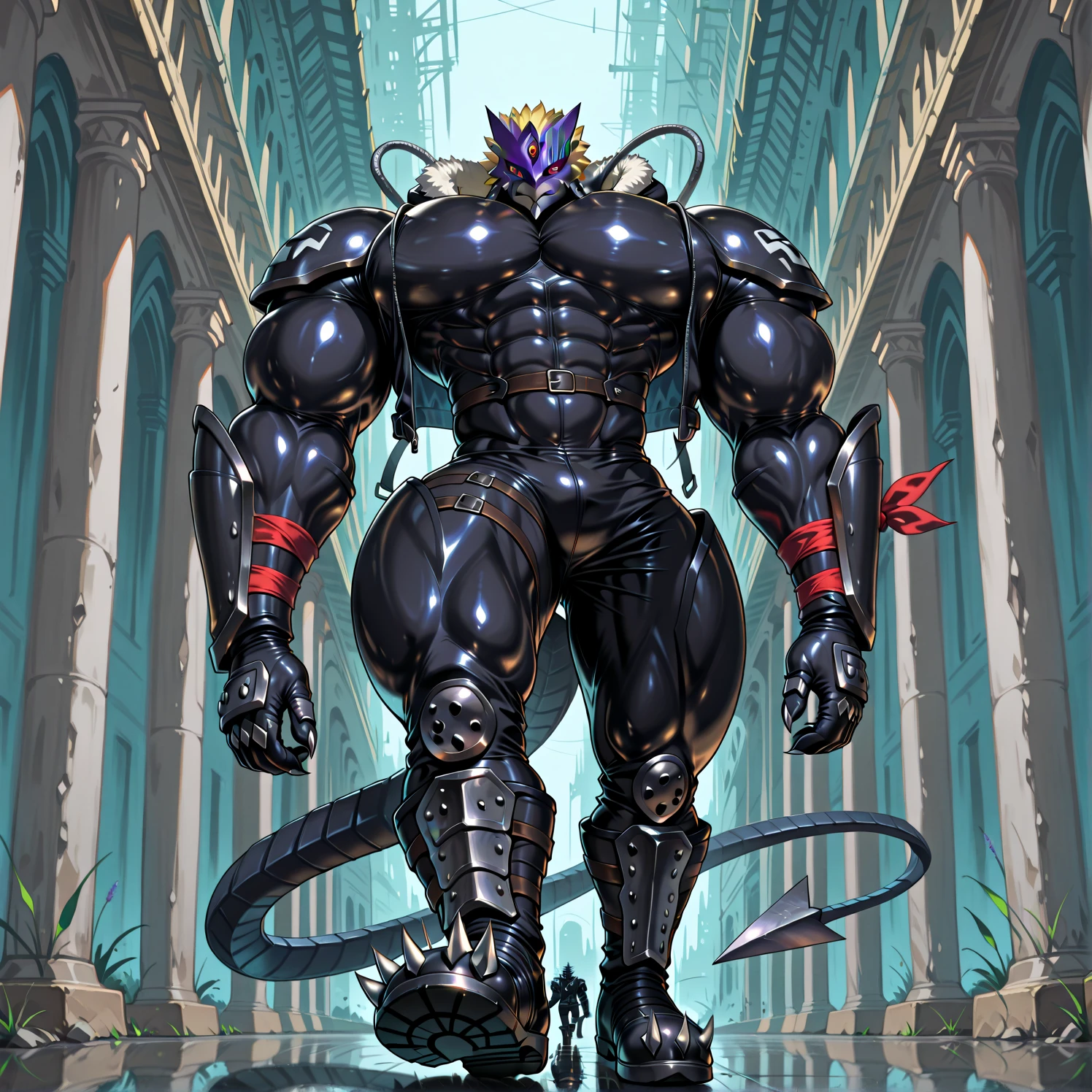 ((Masterpiece, best quality, 4k)) furry, male, gay, standing {one gigantic muscular purple snake Naga made of shiny latex and slime, with a humanoid torso and arms with purple scales and a black underbelly as well as large bull horns, a cobra hood, and red eyes that are behind a thick gas mask, is opening a seam that goes down his chest that opens to a mass of thick tentacles}, crotch focus, (low angle camera)