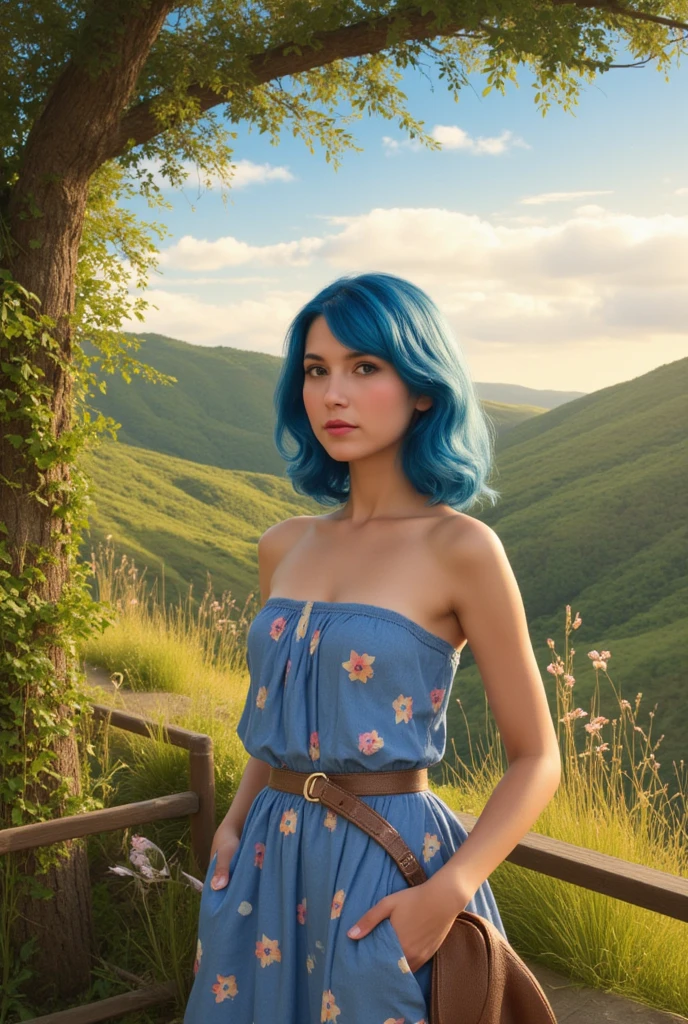Extremely specific 4K photography of a woman with Chanel blue hair, black eyes, seductive gaze and soft smile, red lipstick on her lips, golden accessories, wearing a long red dress at a forest wedding.