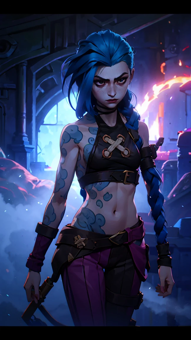 (masterpiece, Best quality), 1 girl, portrait very detailed face,, very sexy, full length (full body 1.1.), crazy look, smile, crying, pink tears, tears on the cheeks, tears from eyes, очень feminine, fighting stance, battle, fire, explosions, burning city, beautiful waist, gloomy composition, flame, fire, Flash, very beautiful, feminine, long hair, hair braided in long braids, very sexy, tight leather pants, emphasis on the eyes, emphasis on the face, Beautiful face, hands, Косаed ponytail, red purple eyes, Джинкс crying, Blue cloud tattoo, (masterpiece, Best quality), Side lighting, beautiful detailed eyes, crazy face), (Best quality), (masterpiece), magic photography, Spectacular lighting, photorealism, ultra detailed, intimate portrait composition, 1. 4,8 K UHD, aesthetic, Cd., a high resolution, 8 K, Better lighting, Best shade, Ultra-HD, a high resolution, Sharp Focus, complex background, cinematic lighting, ((Landscape view)), 4K block, (Better lighting), ((cinematic lighting)),