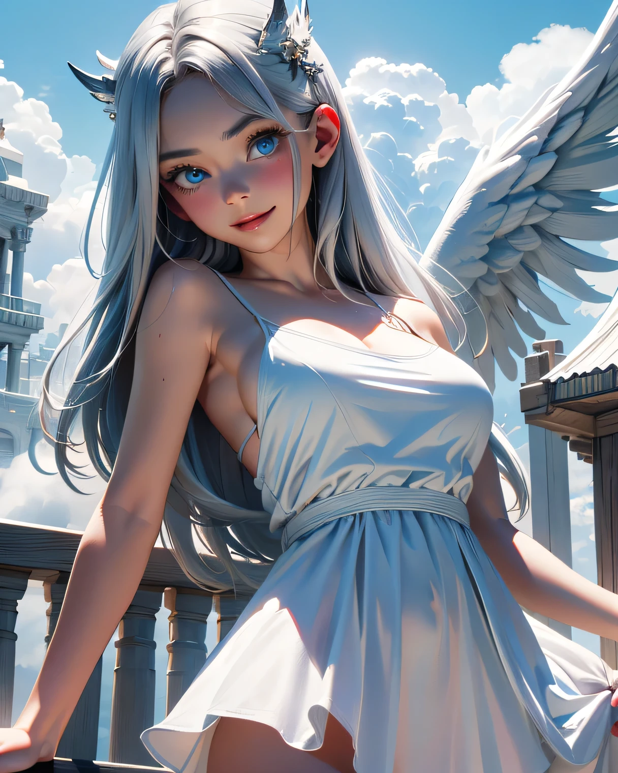 Best image quality, perfect masterpiece, super high resolution, 1.4x realism, cinematic lighting, sense of sacredness, an angel girl wearing a white dress, silver hair, a halo on her head, floating in Christ's paradise, sunny, face lit, holy light surrounding, applying the Tyndall effect, prayer pose. At the same time, angels flew in the air, extreme light and shadow, and hair fluttered in the wind.
