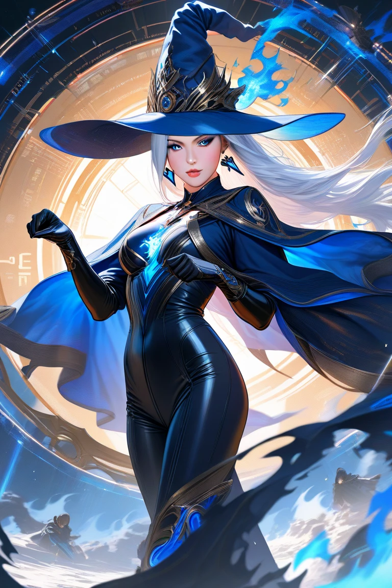 Beautiful eyes Artificial Empathy, she has this big beautiful wand, ((full body view)),((blue fire power art)) , quality rendering, 8k resolution UHD, with transparent background, highly detailed, has blue silky smooth hair with a detailed pointy hat, ((pattsun bangs)), blue detailed outfit dress with high socks, wearing magic shoes with diamonds, necklaces and earing, ((Few droplets of water effect falling)).