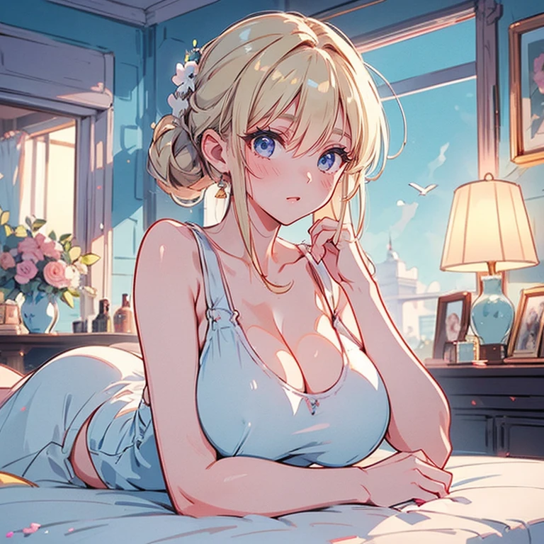 mature woman, medium breasts, sand blond ponytail hair with bangs, light blue night dress (lingerie), grey eyes, pink lips color, seduce smile, blush, naughty face, sitting on bed, Surrealism, anime style, depth of field, 8k, super detail, high details, Cinematic lighting, night time, shadow over face, Close-up, camera from the bottom up, hyper HD, Masterpiece, High details，detailed light, detailed shadow, detailed background.