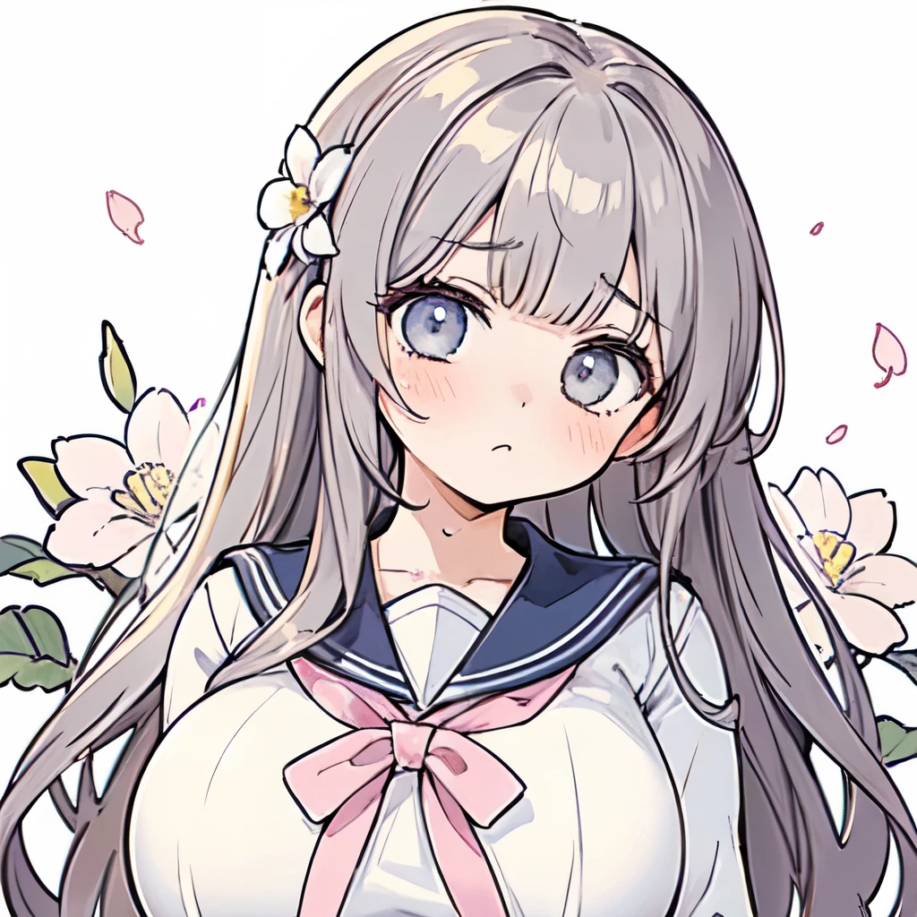 (highest quality),illustration of a high school girl,sailor suit,(sad expression), white flower,upper body,(super huge breasts),pastel colors,Dark Hair