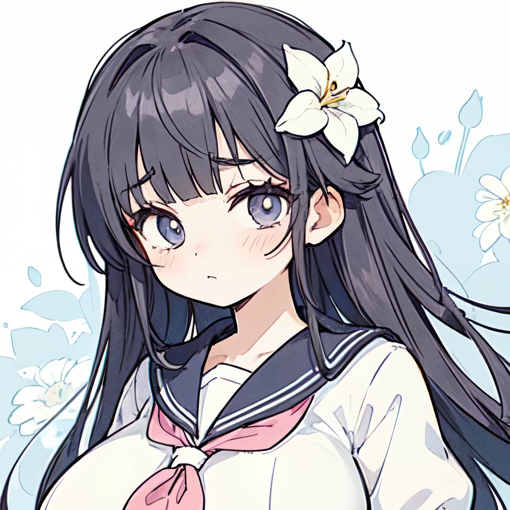 (highest quality),illustration of a high school girl,sailor suit,(sad expression), white flower,upper body,(super huge breasts),pastel colors,Dark Hair