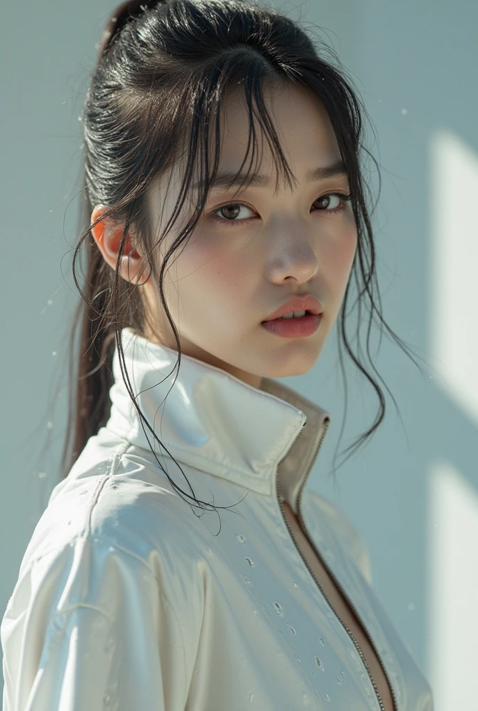 Jennie Kim in a white wet tracksuit, Soaked white shirt, realistic, 4k realistic, gentle illumination , Detailed, true full hd