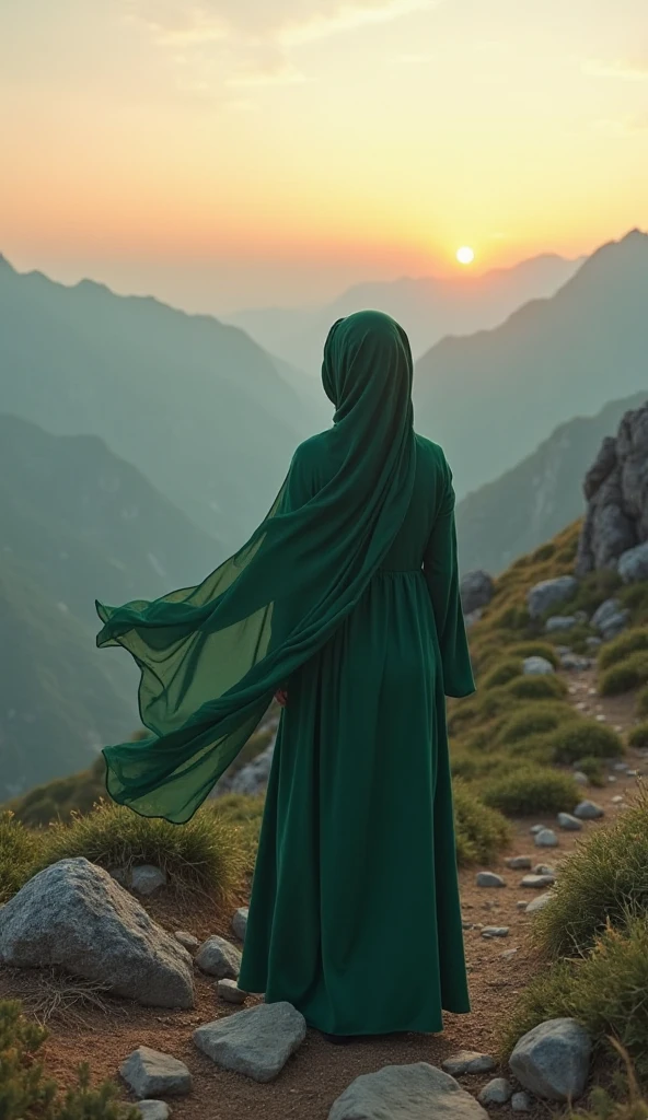 Hijab girl on green mountain behind a car