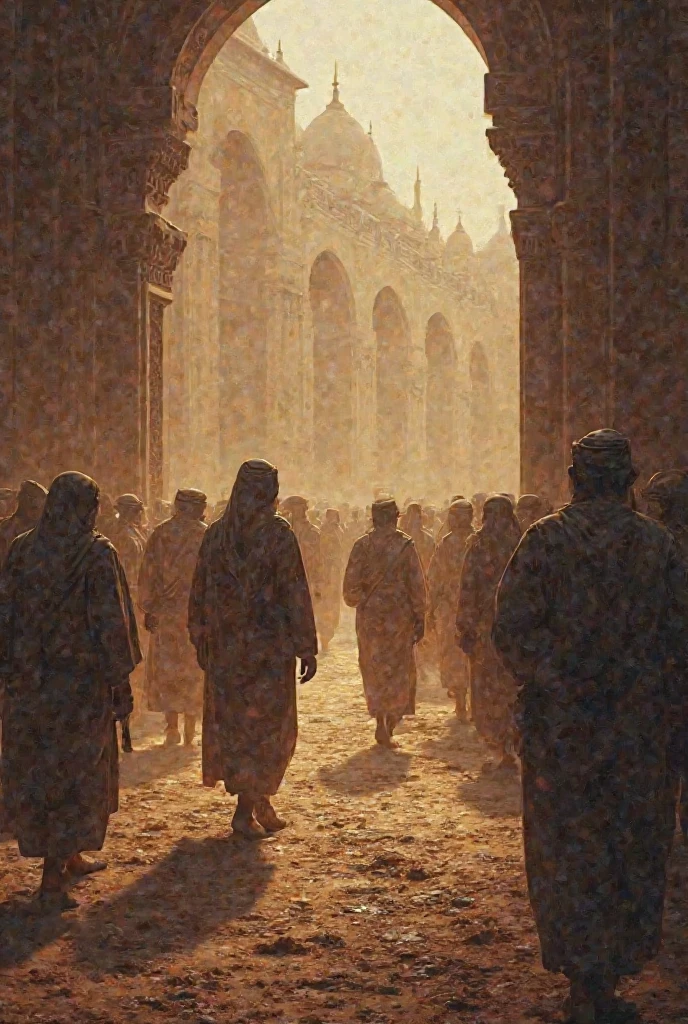 A group of poor people in rags walk with their backs to the photo，Walk through vast ruins，Under a black sky，In the distance, There is a fuzzy black monster in the fog。