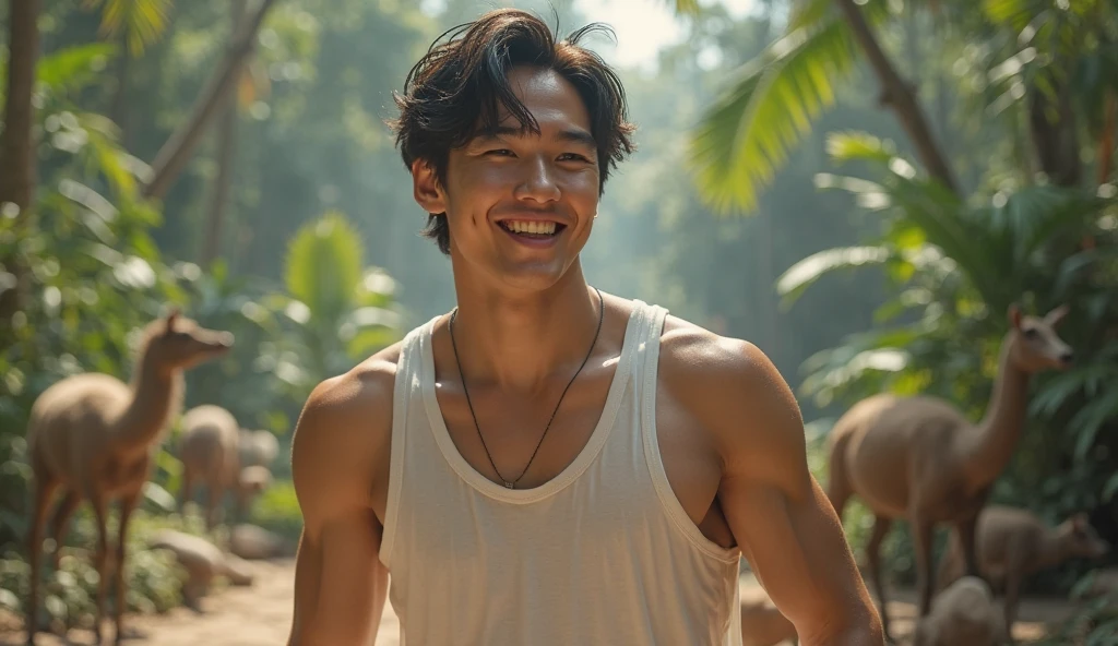 photorealistic, best quality, masterpiece, extremely detailed, sexy, homoerotic, extremely handsome, 30 year old muscular korean man, fair skin, (((muscular bodybuilder))), (((massive thighs))), wearing unbuttoned hawaiian shirt and tiny shorts, sitting and having picnic, laughing, at park, extremely romantic atmosphere, perfect face, perfect fingers, perfect hands, perfection