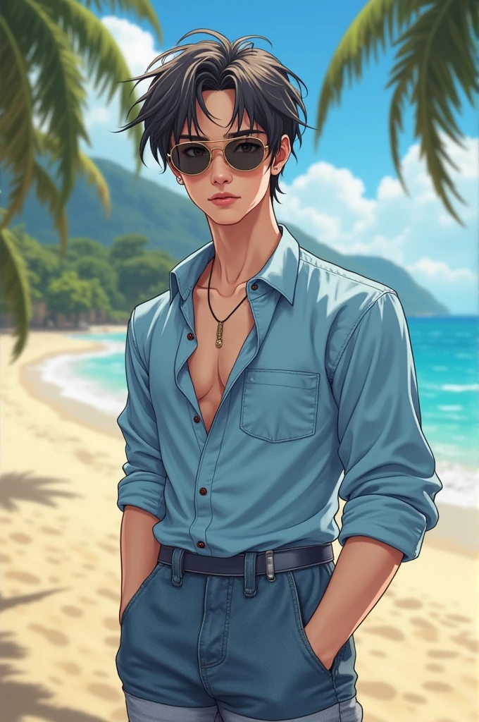 highest quality, 8K, high resolution image, anime style Jujutsu Kaisen, detailed strokes, slightly tanned skin, blurry, purple light reflecting from it, (close angle), 1 man, young, male, model, cool guy, muscular, blue Eyes, brown very short hair, brown hair, short hair, hairstyle: undercut, swollen chest, he is wearing a tank top sunglasses and sweatpants, hand in trouser pocket, gold link chain, background: Beach, sea, blue sky, palm trees