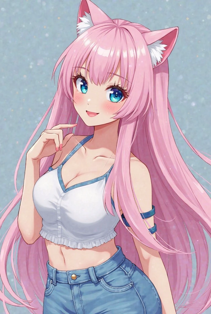 A has a pink head, blue eyes, wolf ears, hair underwear. tight thigh socks