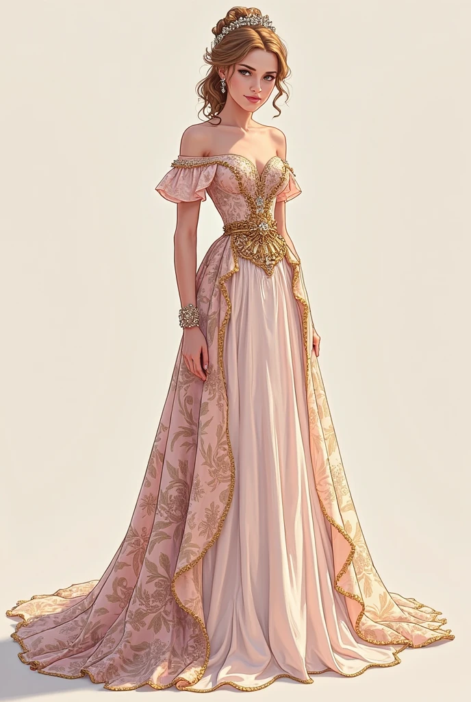 The description outlines a floor-length elven dress with intricate details:

Model: A dark elf.

Top: The off-shoulder blouse in dusty pink features cold shoulders and a unique waist design with delicate golden elements, exuding a romantic and ethereal feel.

Waist: A decorative golden feature adds regality and structure, contrasting beautifully with the pink blouse.

Skirt: The layered skirt starts with a soft pink peplum at the waist, transitioning into green tones at the bottom, creating a flowing and ethereal effect.

Overall Aesthetic: The dress evokes a fantasy or fairy-tale theme with its nature-inspired colors, graceful silhouette, and modern details, suitable for formal events or fantasy settings.

2d fashion design style of picture.