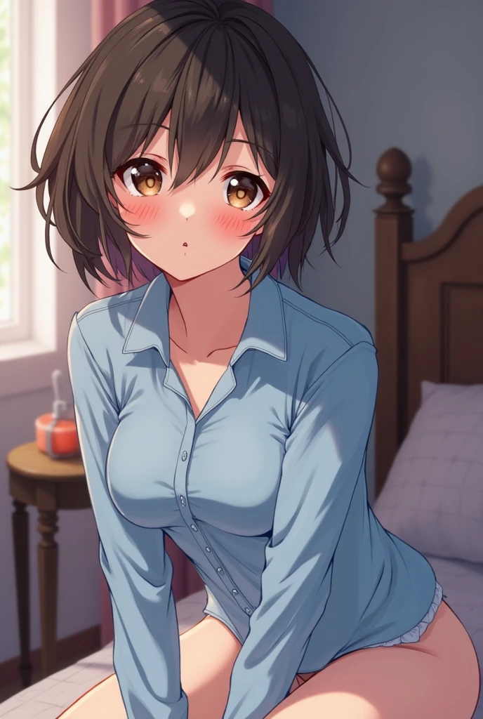 ((masterpiece)), ((best quality)), (ultra-detailed), anime style, on the bed, a cute girl, 1girl, solo, pajama00, ((beautiful eyes)), smile, beautiful black hair, underwear00