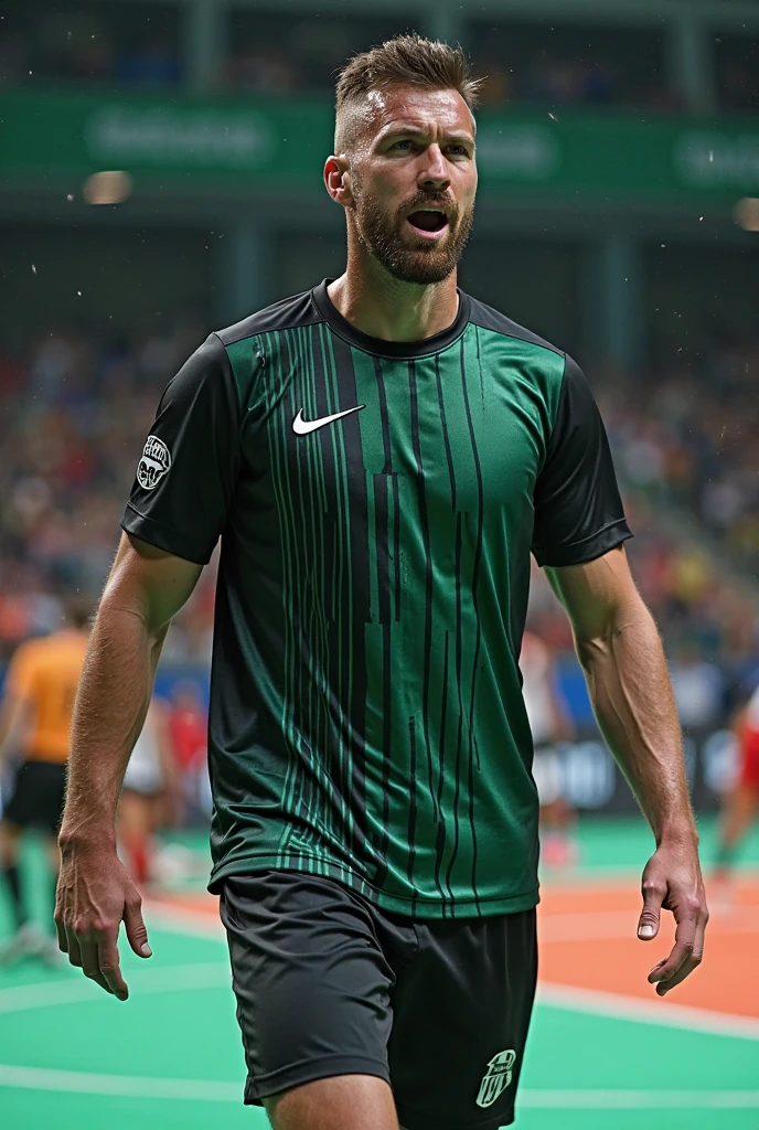 Create me a dark green football shirt with black scratches