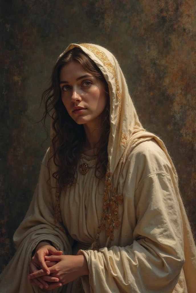 semi nude latina woman, athletic body, with long fabric on top of their bodies. in the style of diego velazquez. soft lighting. studio of the painter. sitting on mattress with fabrics, medieval times, fabrics on the head. fabric wrapping the face. fabric surrounding the waist and hiding the vagina. another cloth covering her breasts.