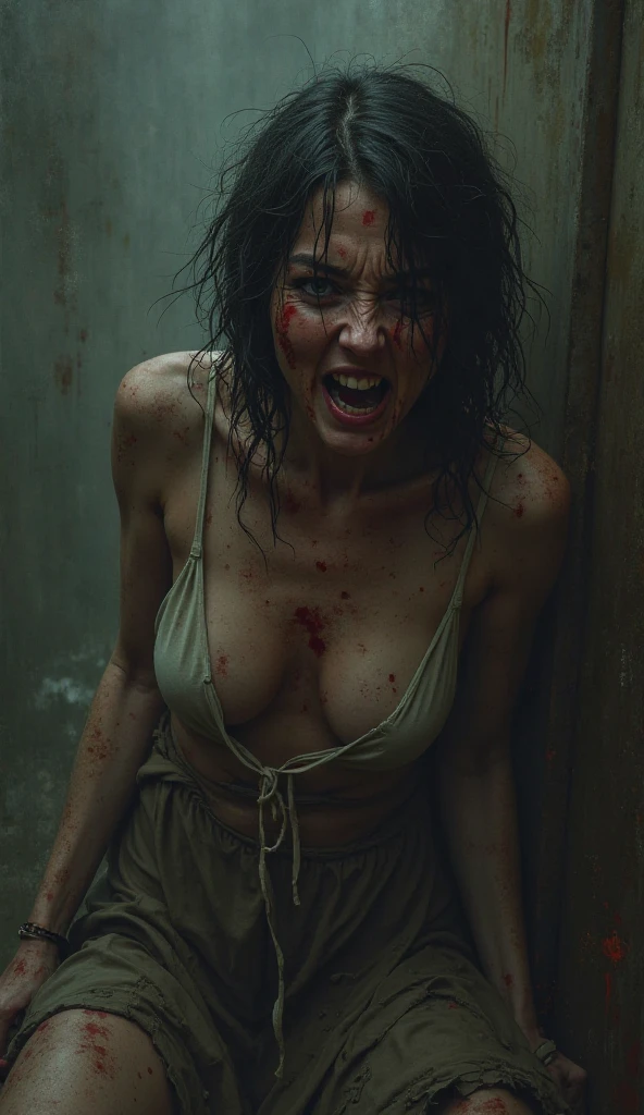 scared young girl, with big breasts, with a suffering face, with completely white eyes, wearing a transparent white blouse and dark pants, the girl is covered in blood and lying on the floor crying, in an abandoned house. With ghostly appearance. Mistreated hair. His arms are covered in dirt and blood