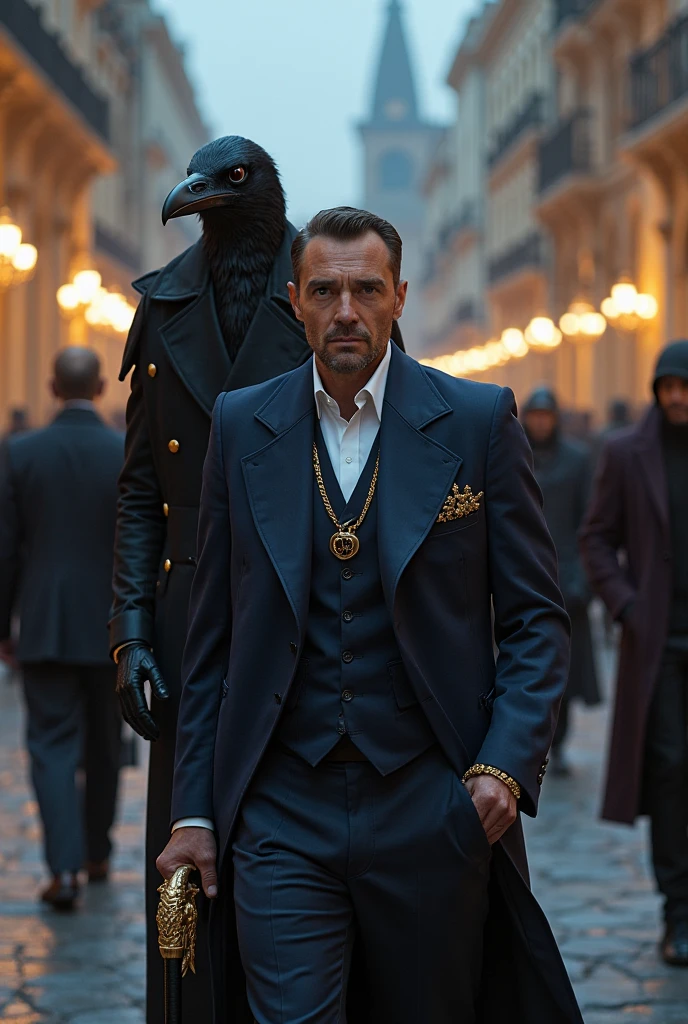 Imagine 1 man next to 1 50-year-old woman Powerful mobsters in clothes from the Mafia years in the Americas