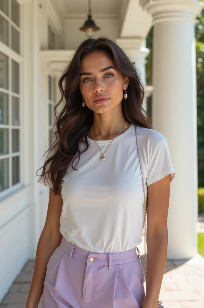 young latin woman with tied hair from the front wearing a tight white cotton round neck t-shirt with her hand on her waist and a fashion background
