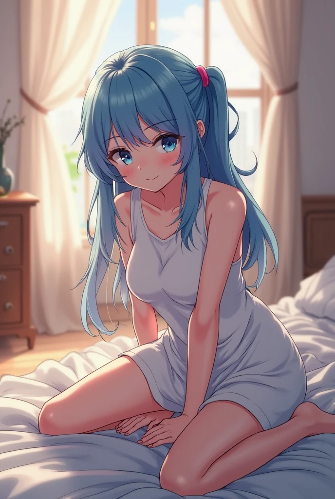anime girl with blue hair is lying on the bed with her legs up, detailed picture of Shitao, pixiv, realism, ,  anime girl crouches , SFW version,  detailed shot of legs ,  raised up , giantess art , hips in focus , 8k high quality detailed image, 2 p, 2b, |   with the smallest details 